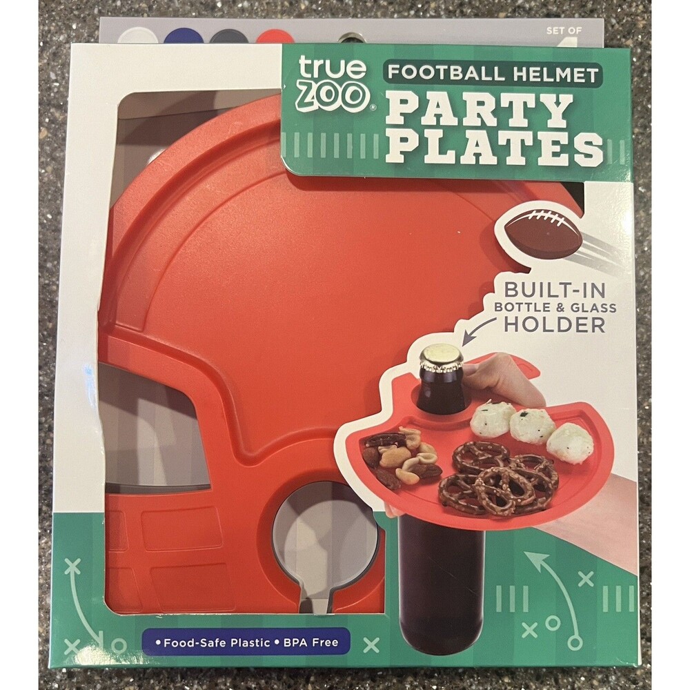 Football Helmet - 4 Pack Reusable Plastic Bottle & Glass Holder Party Plates